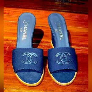 Chanel Navy Blue Canvas CC Slide Wedge Sandals Size 37